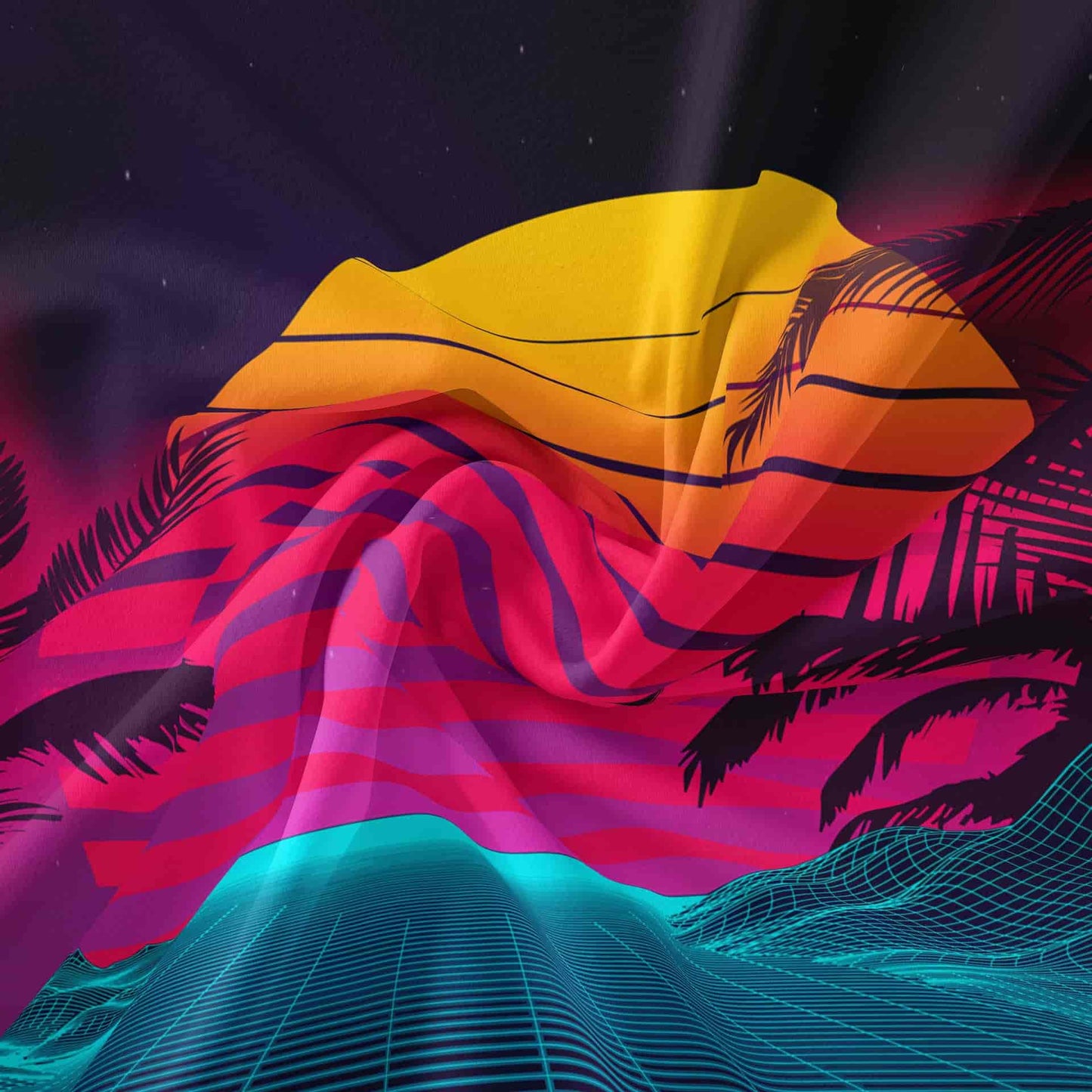 Colorful abstract design with palm trees and geometric patterns on a dark background