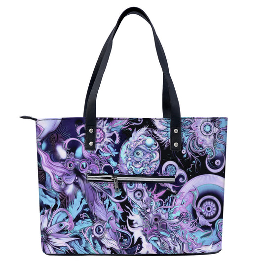 Tote bag with a purple and blue abstract design on a white background