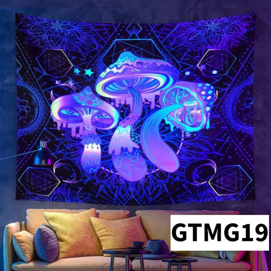 Neon mushroom tapestry hanging on a wall above a couch with colorful pillows.