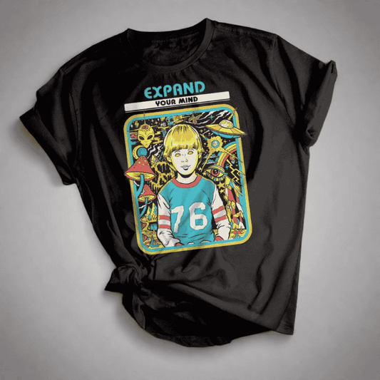 Black t-shirt with a colorful graphic design featuring a person with the text 'Expand Your Mind' on a gray background.