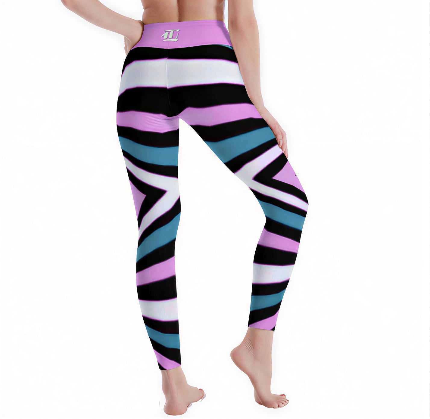 Colorful striped leggings worn by a person on a white background