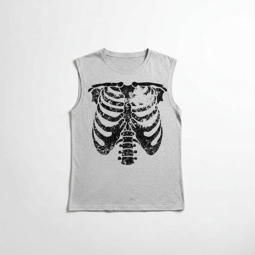 Gray sleeveless shirt with black skeleton design on a hanger against a gray background