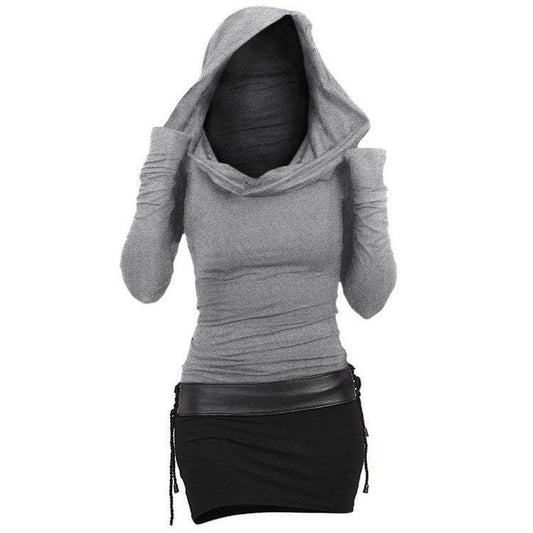 Women's Hooded Long Sleeved Belted Dress grey