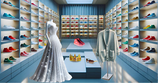 A luxurious dressing room with walls of colorful shoes, a sparkling gown and cardigan, and a crown and sunglasses are displayed.