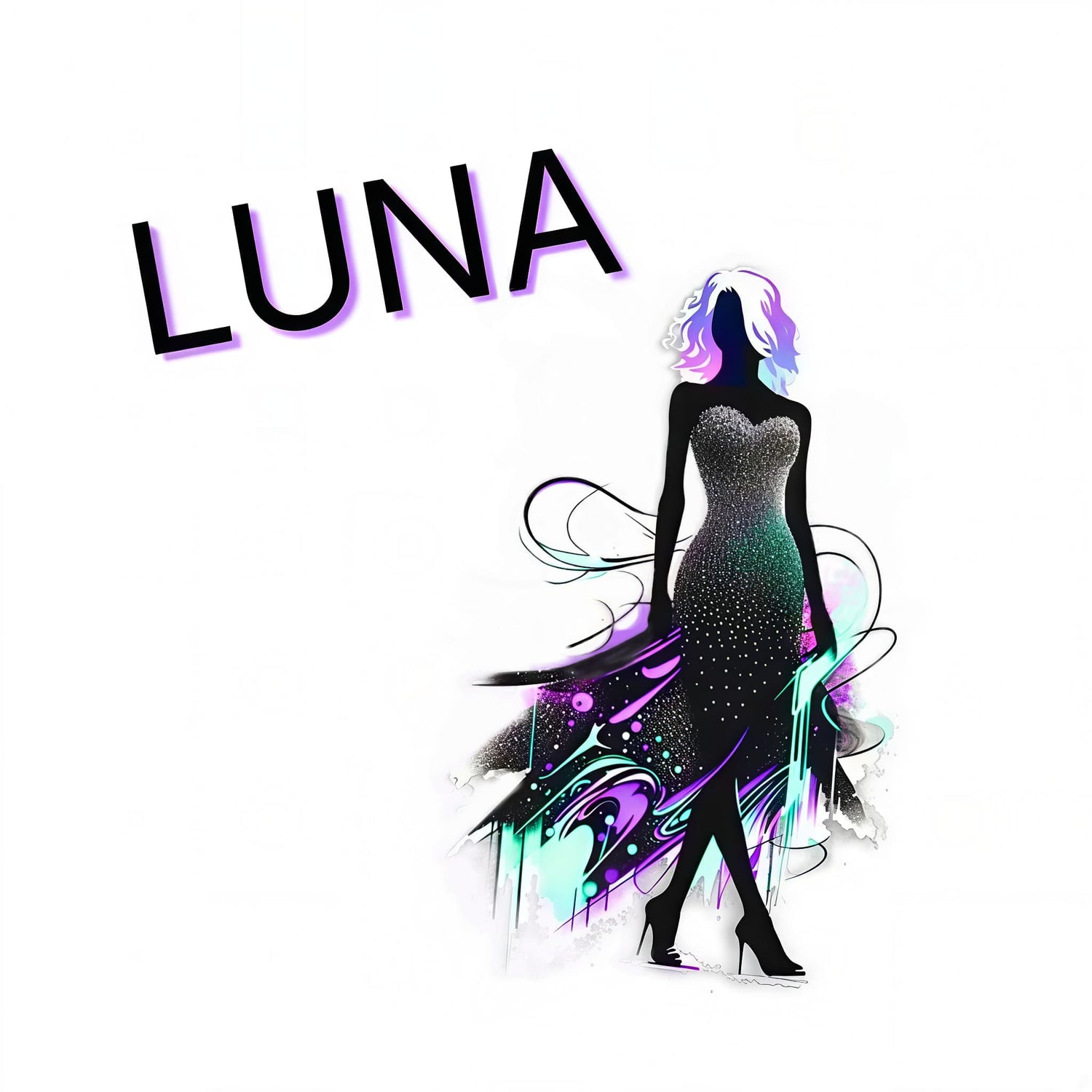 a silhouette of a woman in a strapless gown with purple and teal whisps around her and the word 'Luna' above her