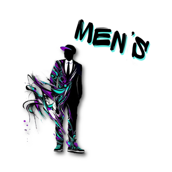 a silhouette of a man in a suit and baseball cap with purple and teal graphic whisps and the word 'Men's' above him