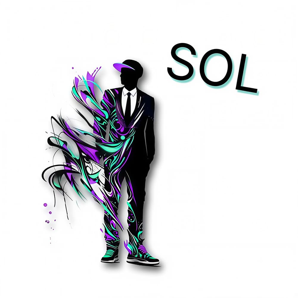 a silhouette of a man in a suit and baseball cap with purple and teal graphic whisps and the word 'SOL' above him