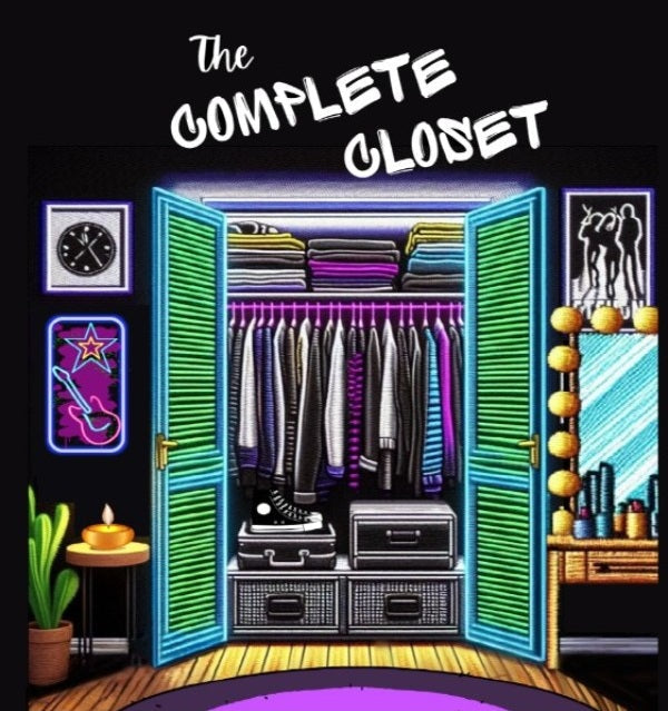 Illustration of an open closet with colorful clothes, shoes, and suitcases. A clock, guitar pic, and vanity with lights and cosmetics frame the scene.