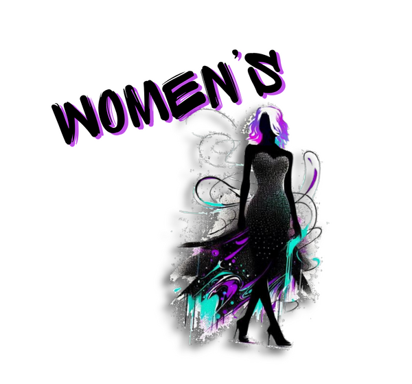 a silhouette of a woman in a strapless gown with purple and teal whisps around her and the word 'women's' above her