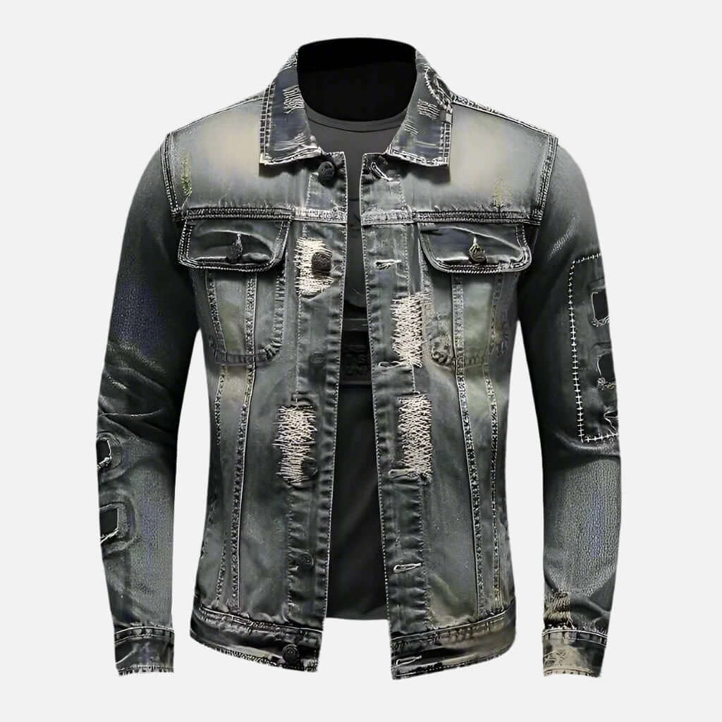 Dark navy blue distressed denim jean jacket