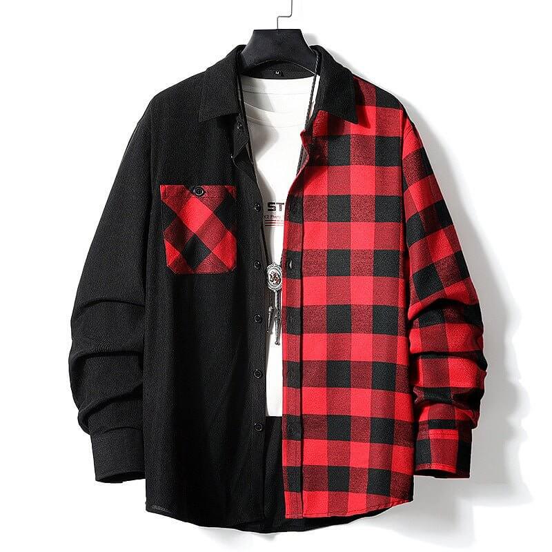 A men's black and red contrasting checkered collared button-up shirt