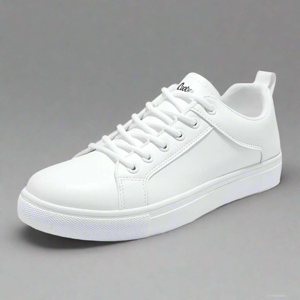 A white basketball sneaker on a grey background