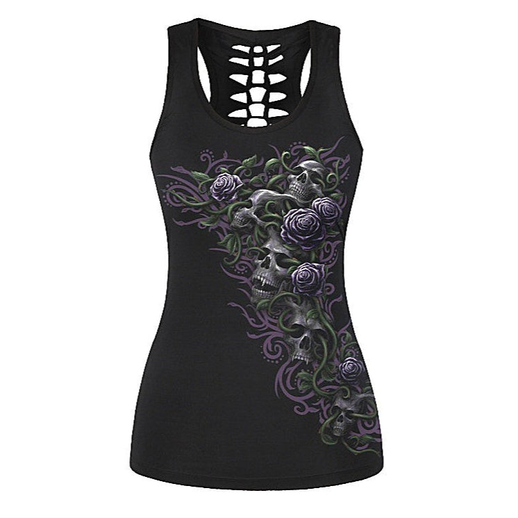 A black tank top with skulls and flowers on the front, with a cut-out racerback
