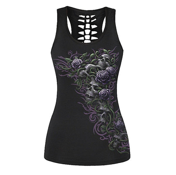 A black tank top with skulls and flowers on the front, with a cut-out racerback
