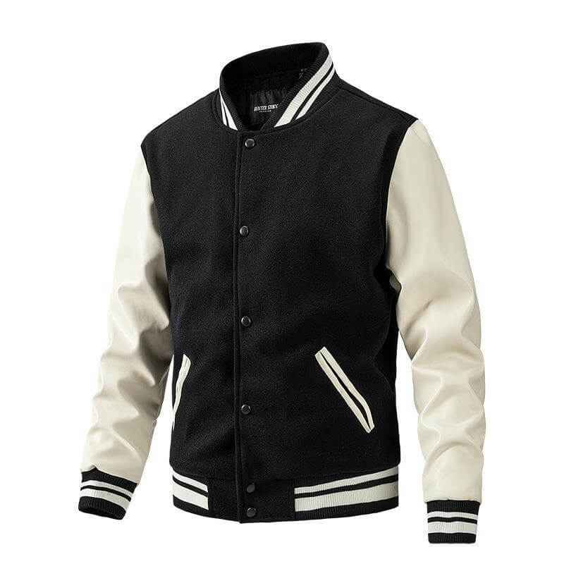 Black and white varsity jacket on a white background