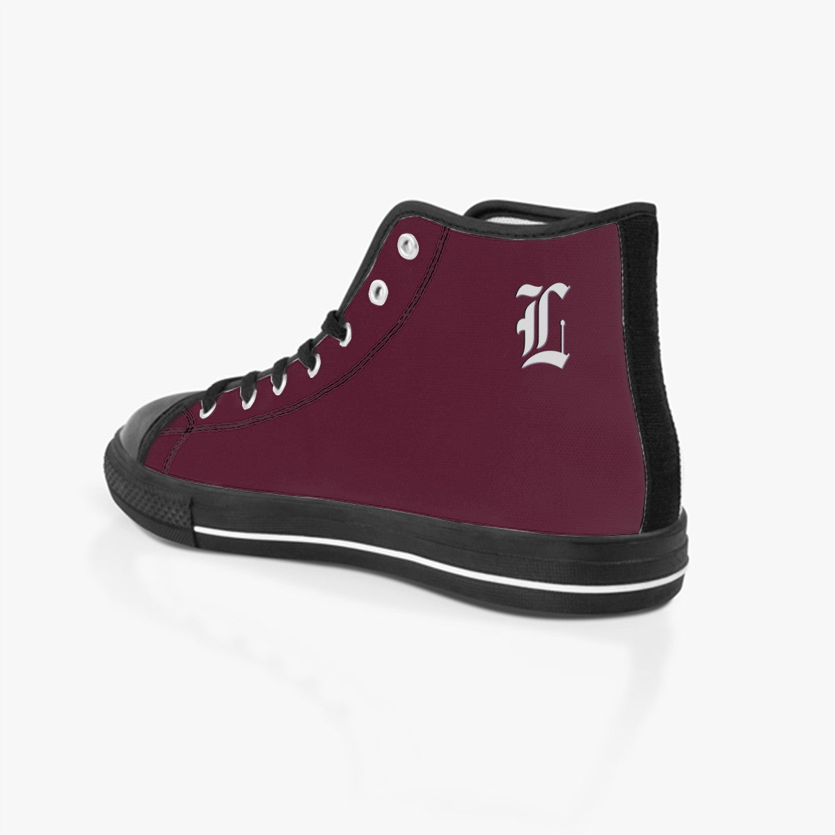 Burgundy high-top sneaker with a logo on a white background