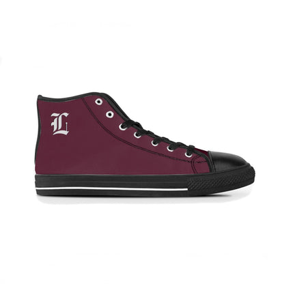 Burgundy high-top sneaker with a black sole on a white background