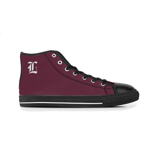 Burgundy high-top sneaker with a black sole on a white background