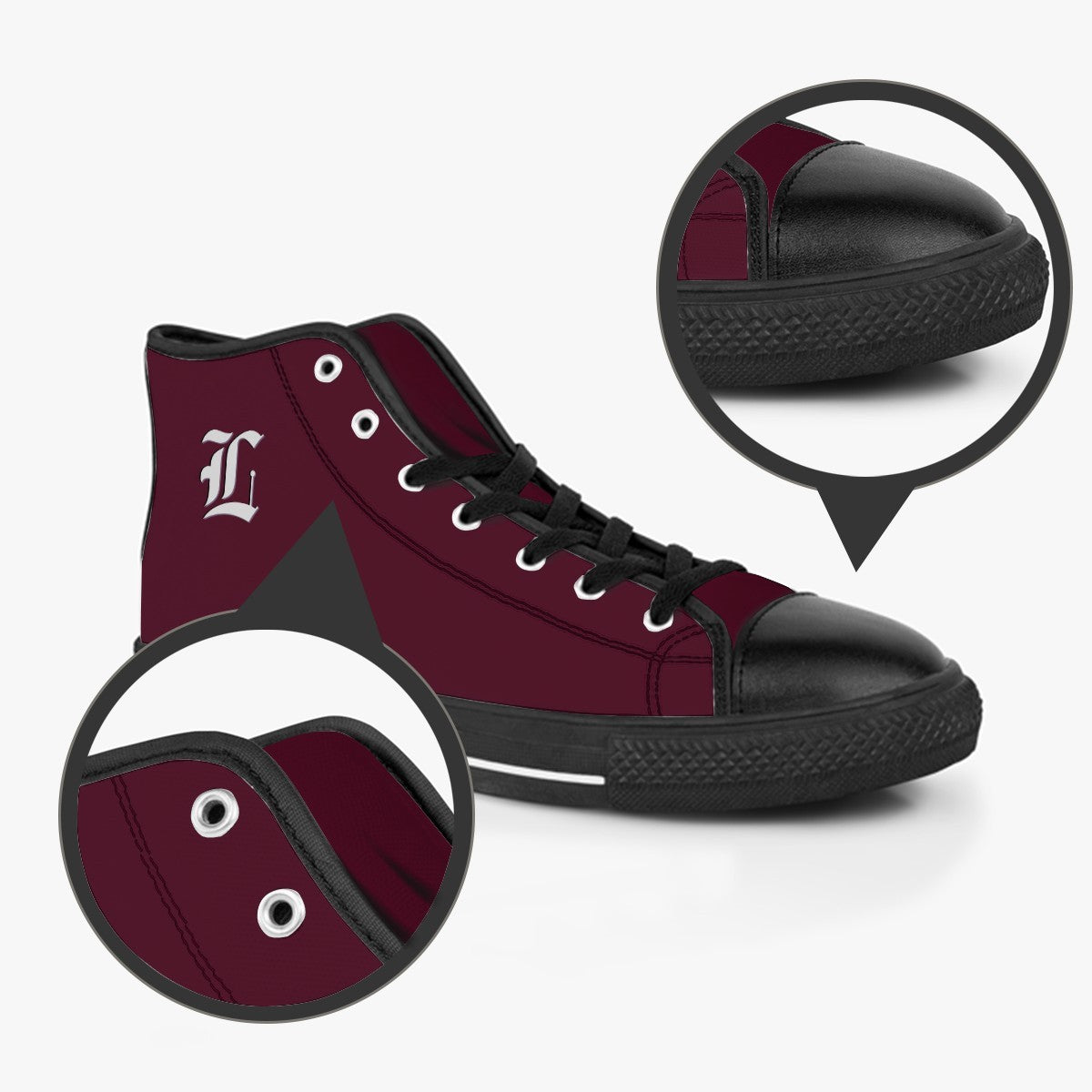 Burgundy and black high-top sneakers with detailed views on a white background