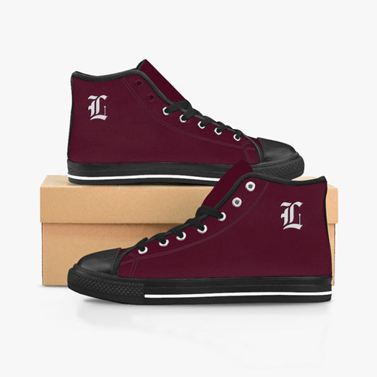 Burgundy high-top sneakers with a logo on a white background