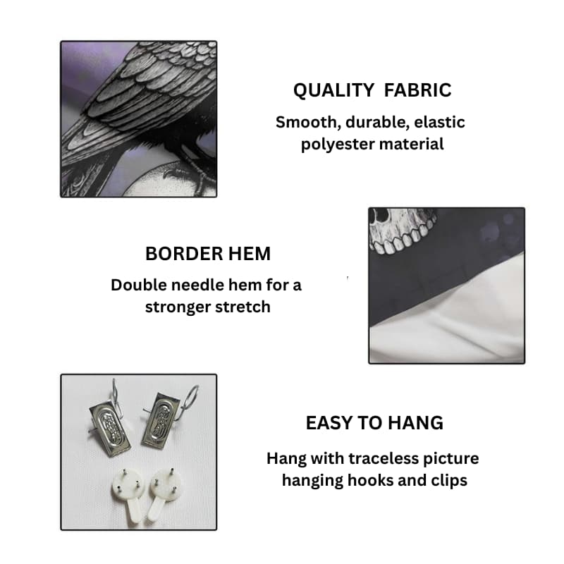 A product feature infographic on a white background showing close-up details of a black and gray raven illustration and fabric swatches, with text highlighting quality fabric, border hem, and easy hanging with hooks and clips.