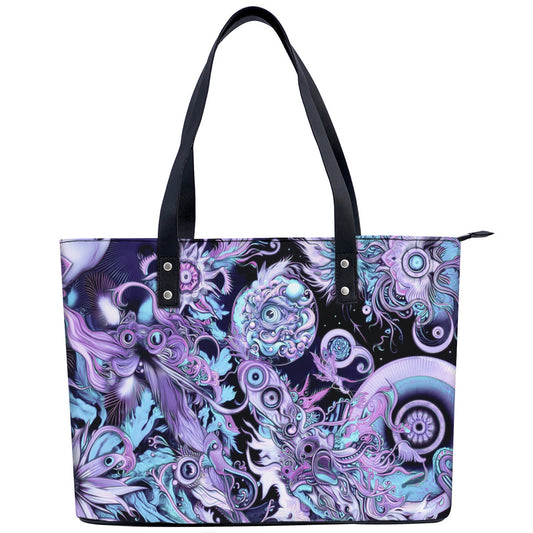Tote bag with abstract design featuring purple and blue colors on a white background