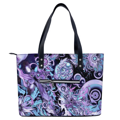 Tote bag with a purple and blue abstract design on a white background