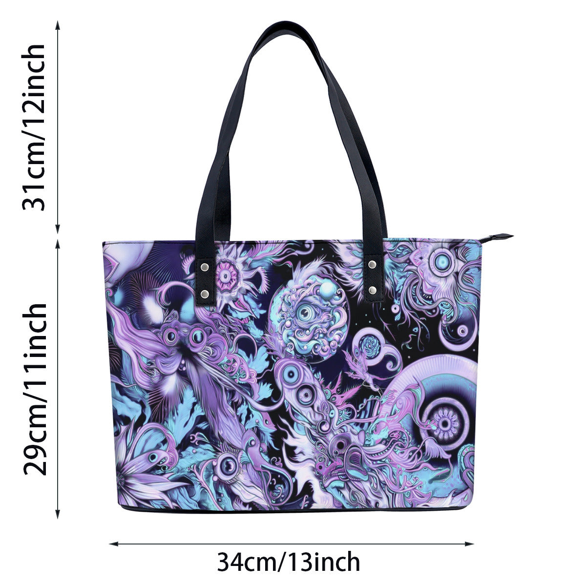 Tote bag with abstract design and measurements on a white background