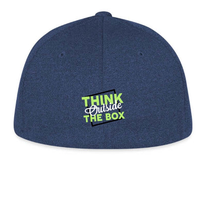 Blue cap with 'Think Outside The Box' text on a white background