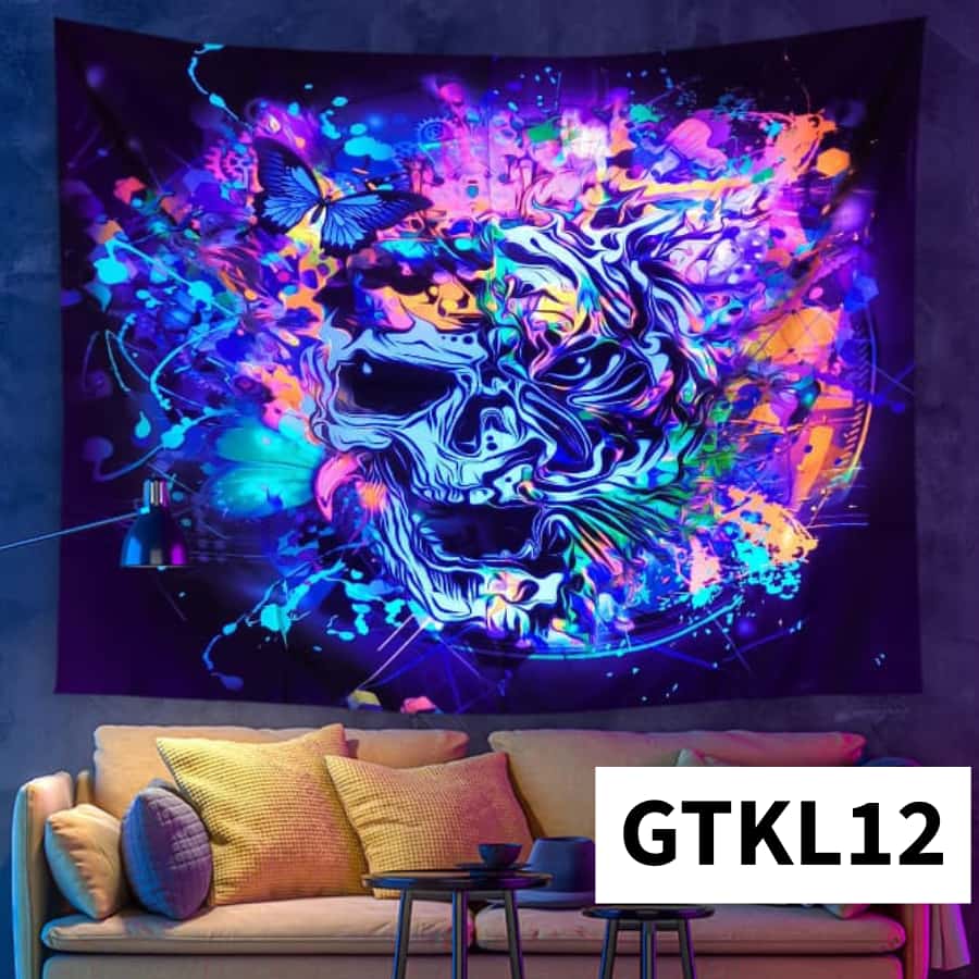 Colorful skull tapestry hanging on a wall above a sofa with visible brand code 'GTKL12'.