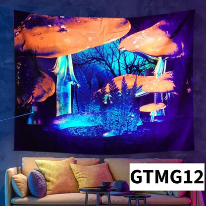 Colorful tapestry with mushroom design hanging on a wall above a sofa.