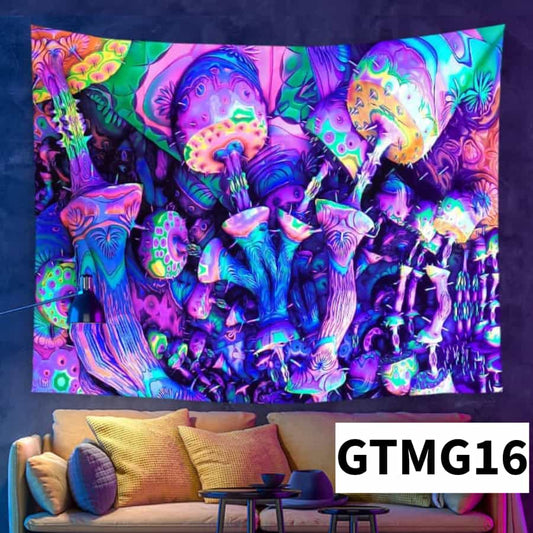 Colorful tapestry with a mushroom design hanging on a wall above a sofa.