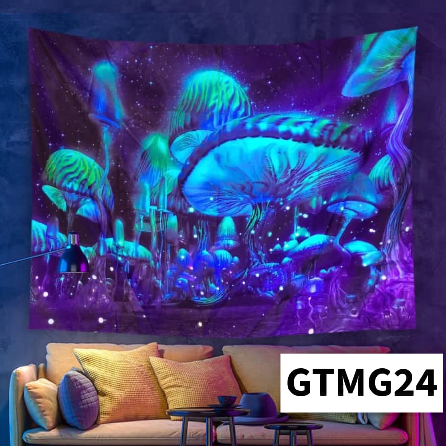 Colorful tapestry with mushroom design hanging on a wall above a sofa.