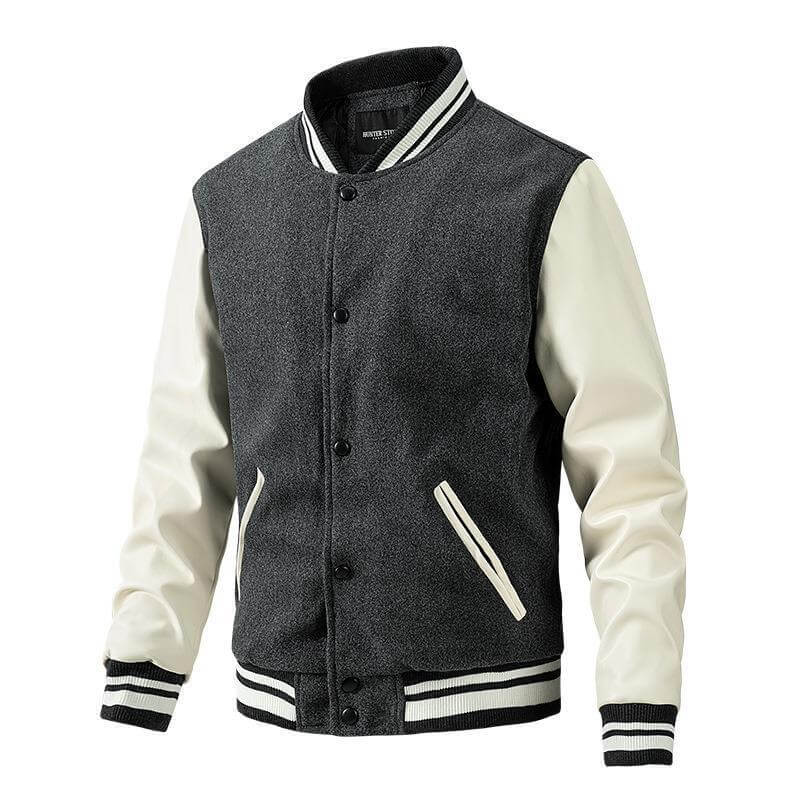 Gray and white varsity jacket on a white background