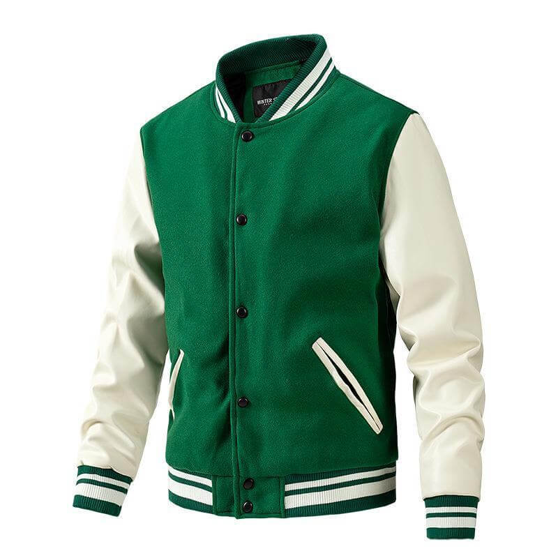 Green and white varsity jacket on a white background