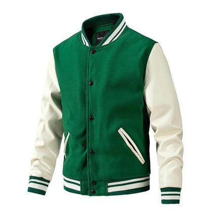 Green and white varsity jacket on a white background