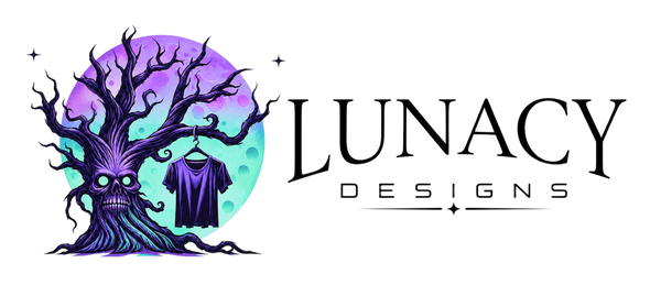 Lunacy Designs logo with a tree-like design and a t-shirt on a white background