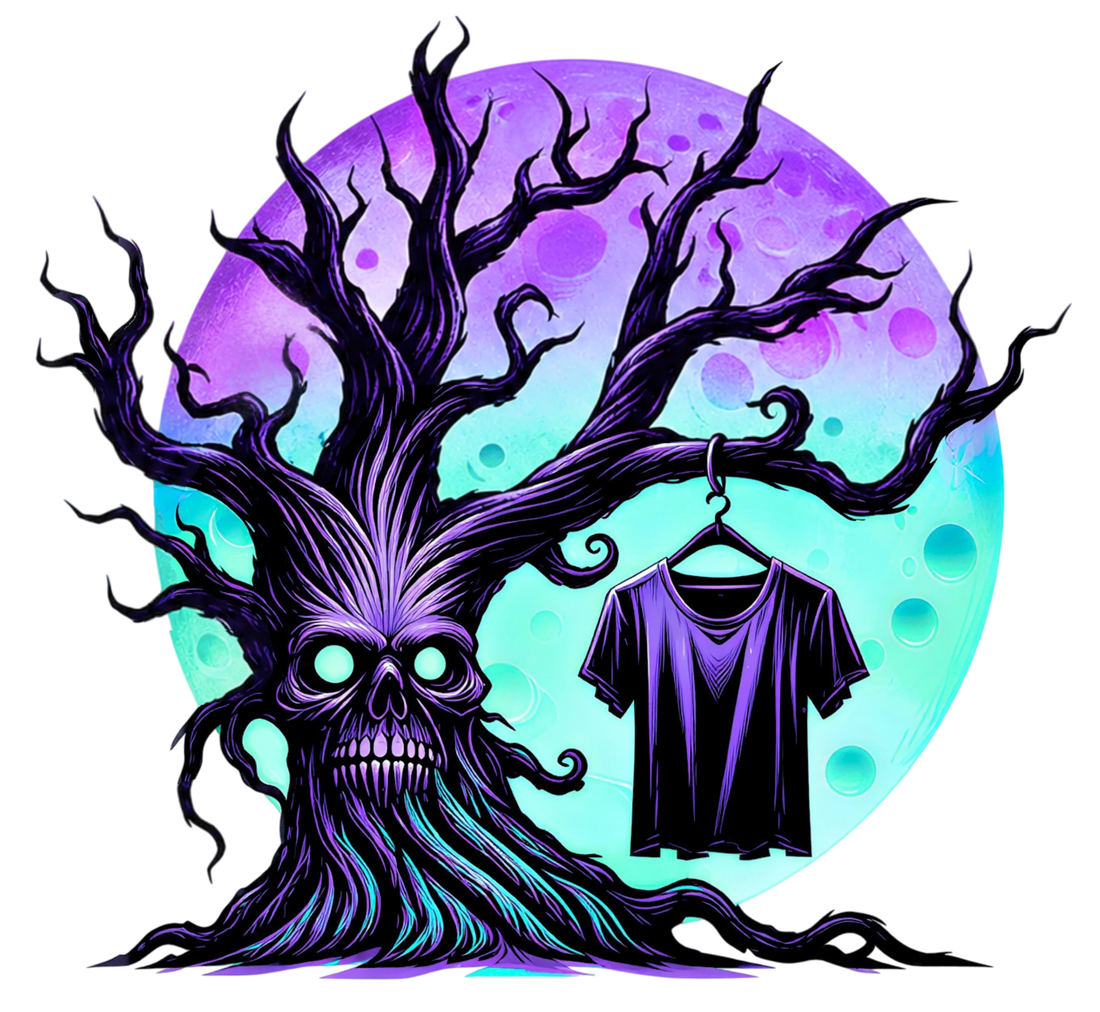 Tree-like creature with glowing eyes and a purple shirt hanging from its branches against a colorful moon background.