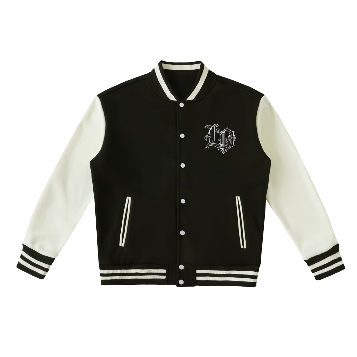 Black and white varsity jacket with text on a white background