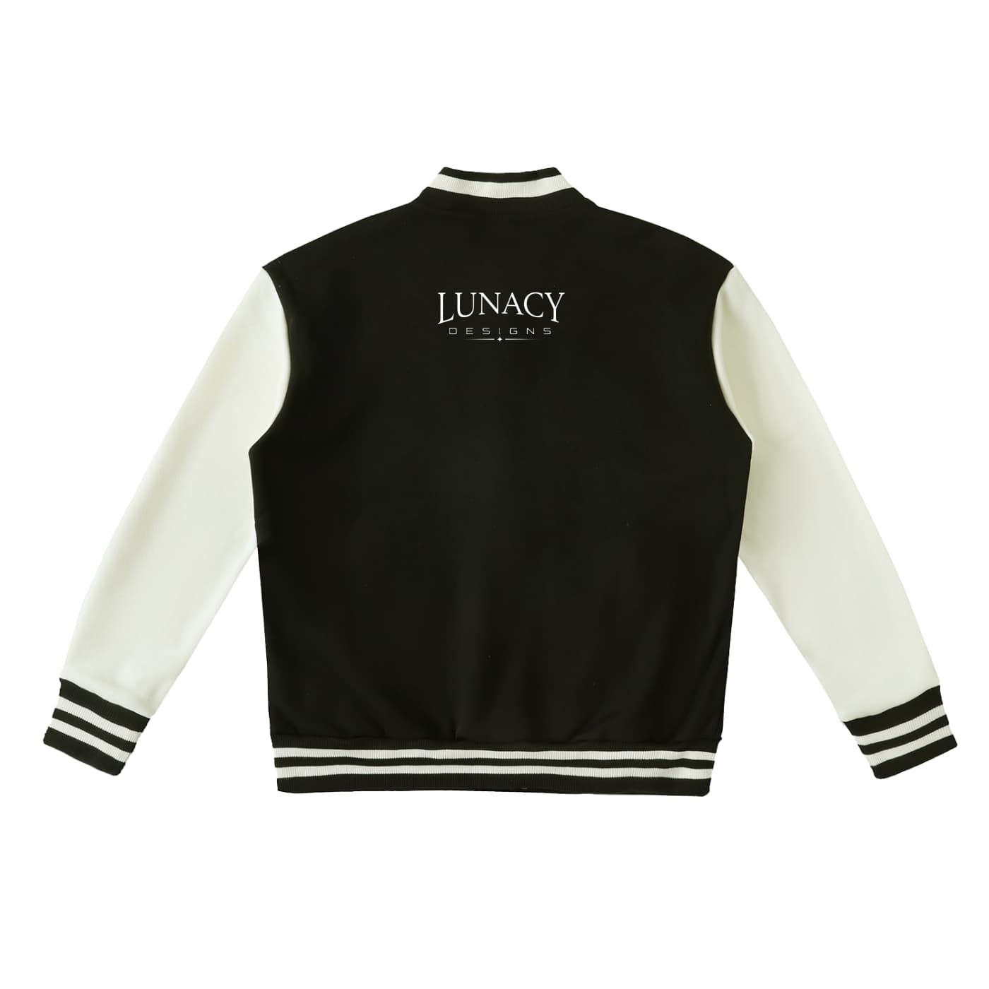 Back view of a varsity-style jacket with a black body and off-white sleeves, featuring the word embroidered in white script on the upper back and striped ribbing at the collar, cuffs, and hem.