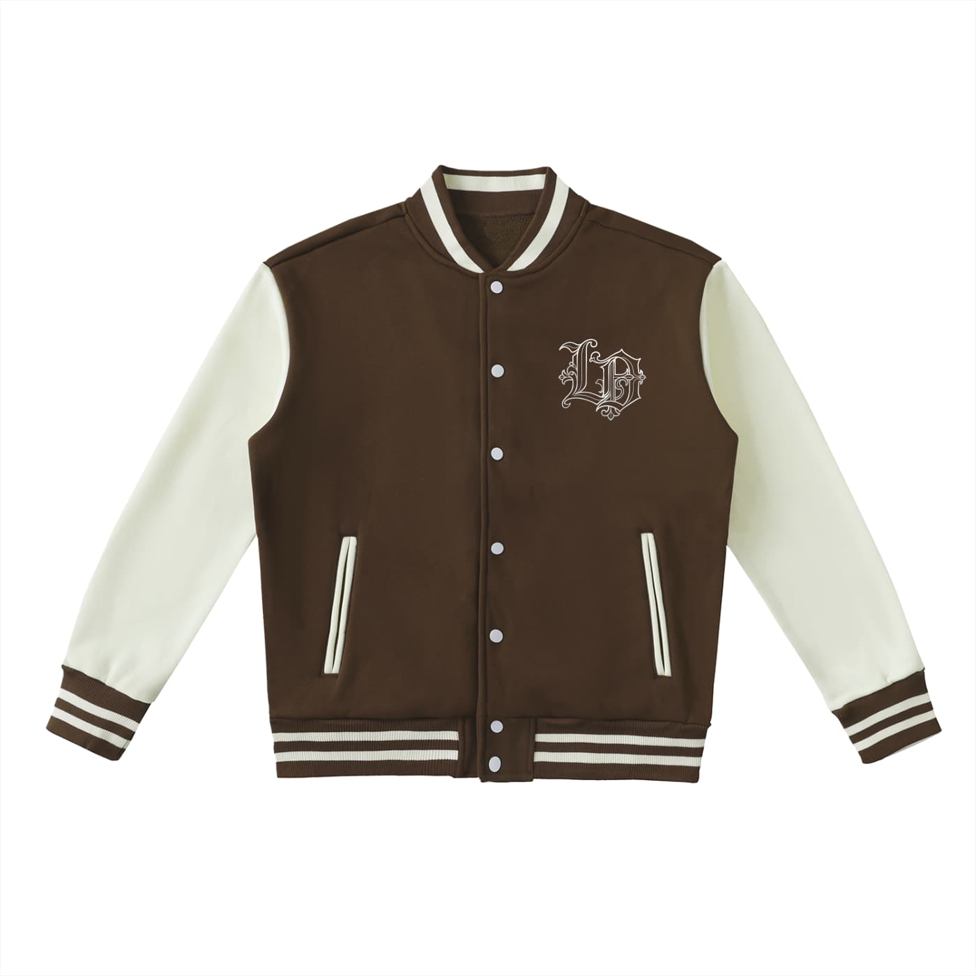 A brown and cream varsity jacket with a button-up front, ribbed collar, cuffs, and hem, featuring a white embroidered gothic monogram on the left chest, displayed on a solid white background.