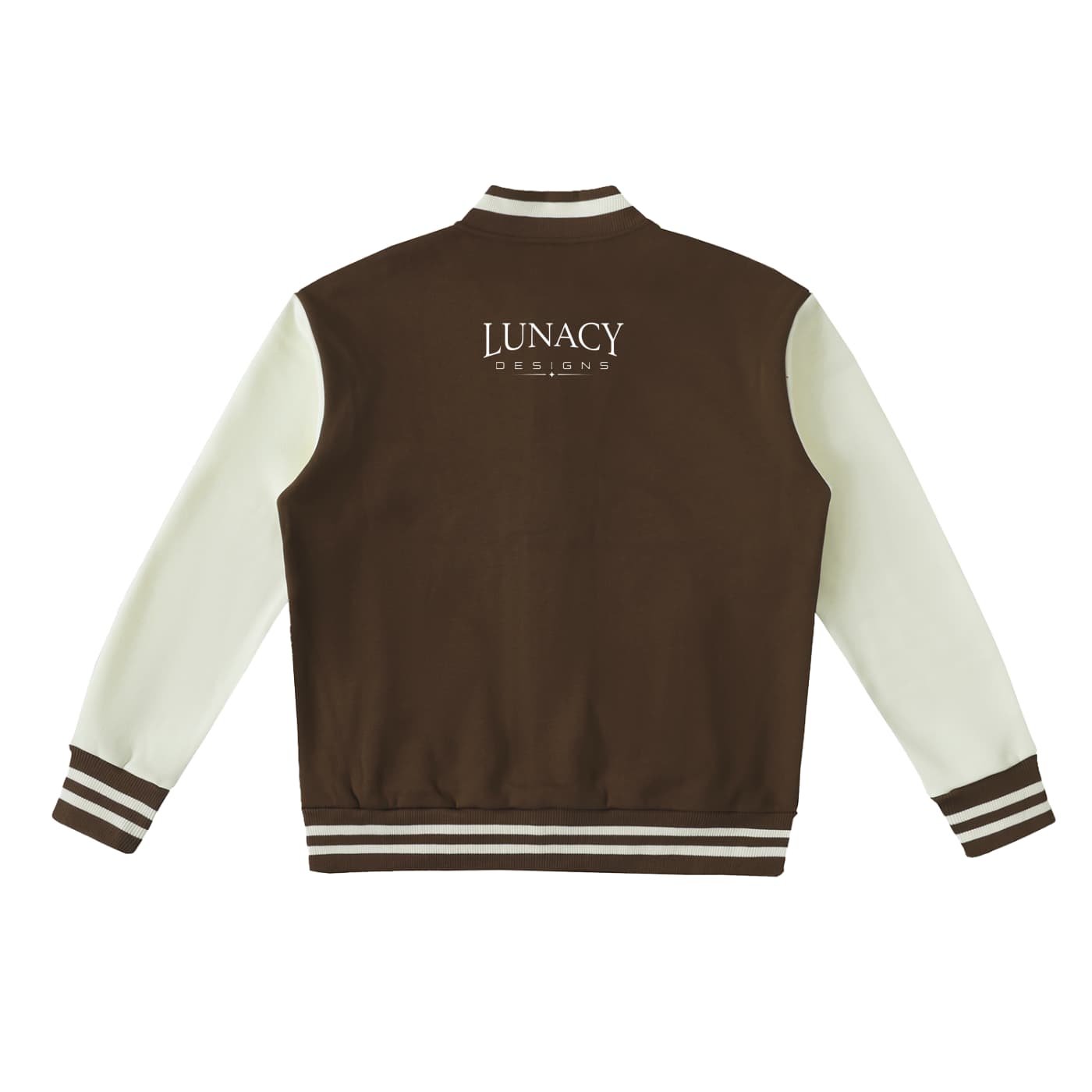 A brown and cream varsity jacket shown from the back, featuring 'LUNACY DESIGNS' printed in white on the upper back, with cream sleeves and brown and white striped ribbing.