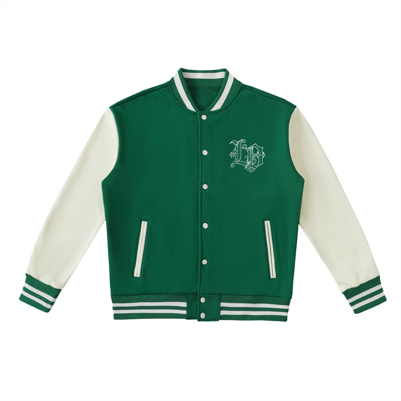 A green and cream varsity jacket with a white embroidered monogram logo on the left chest, displayed flat against a solid white background.