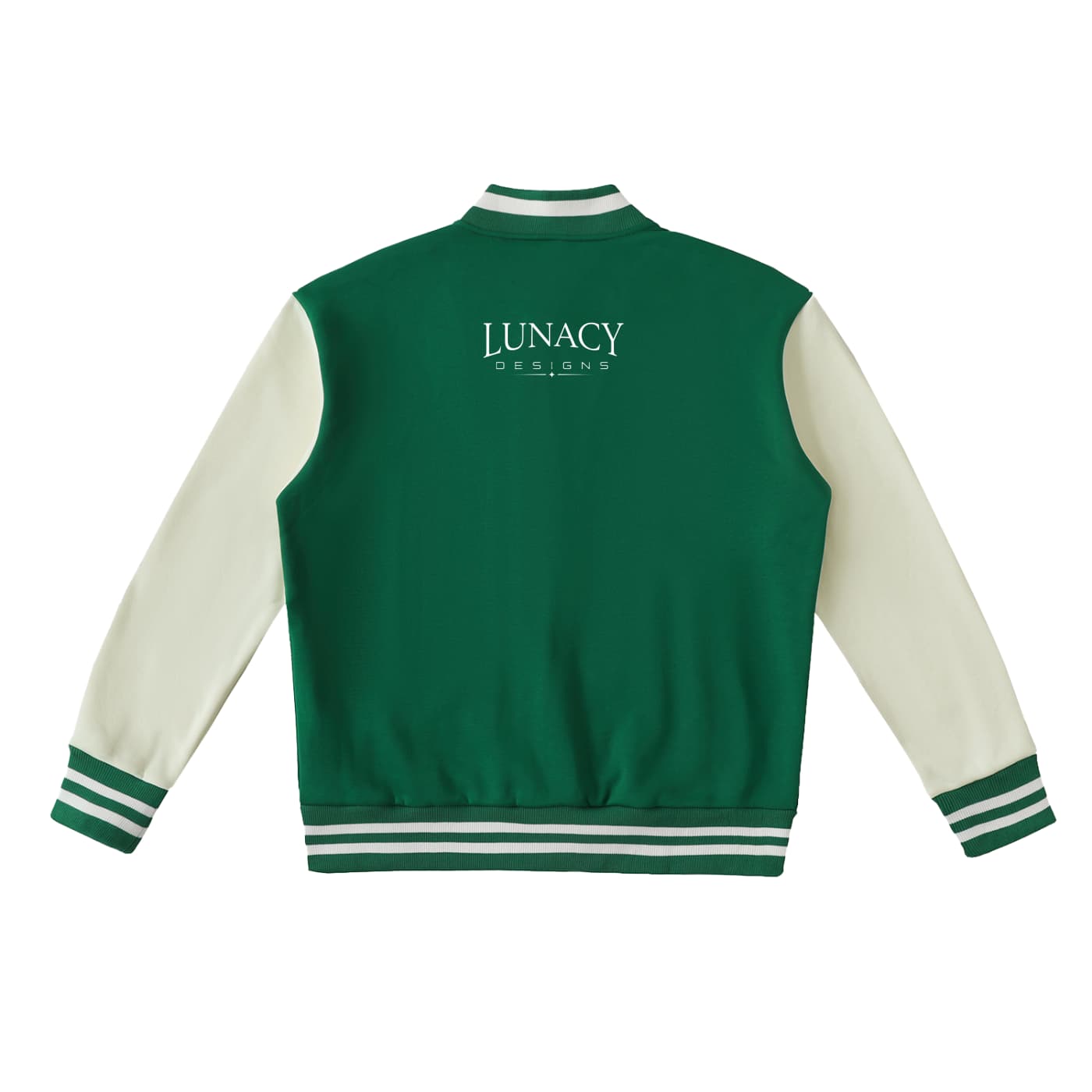 Green and white varsity jacket with a logo on the back against a white background