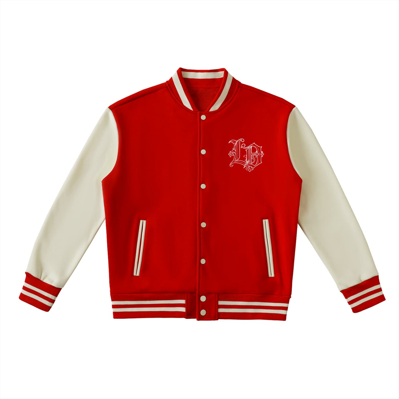 Red and white varsity jacket with a logo on a white background