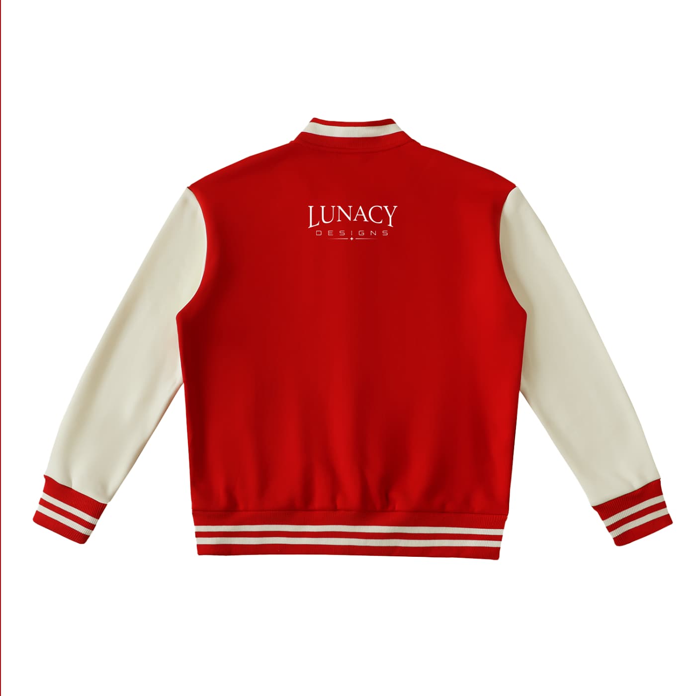 Red and cream varsity jacket shown from the back, featuring 'LUNACY' printed in white on the upper back with double cream stripes on the sleeves and hem.