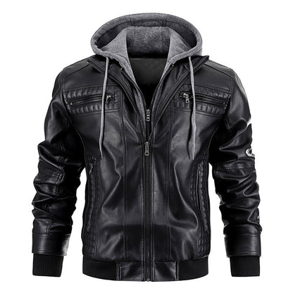 Men's Faux Leather Hooded Jacket zipper pockets