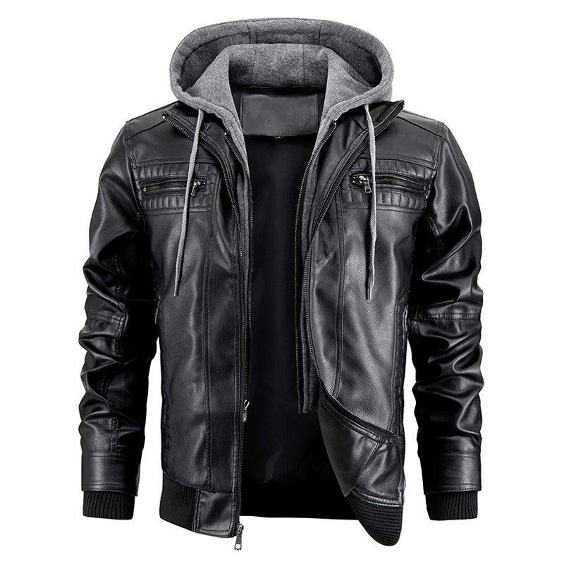 Men's Faux Leather Hooded Jacket zipper pocket