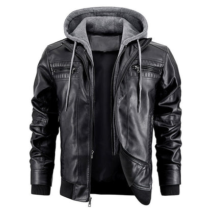 Men's Faux Leather Hooded Jacket zipper pocket