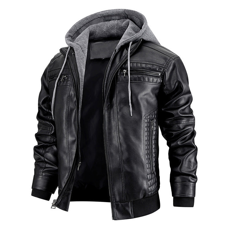 Men's Faux Leather Hooded Jacket black